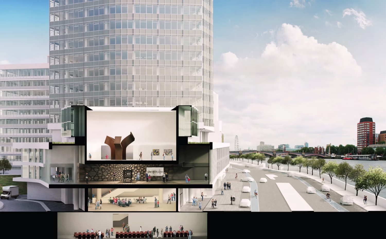 Millbank Tower — full sectional render showing the cultural and public spaces